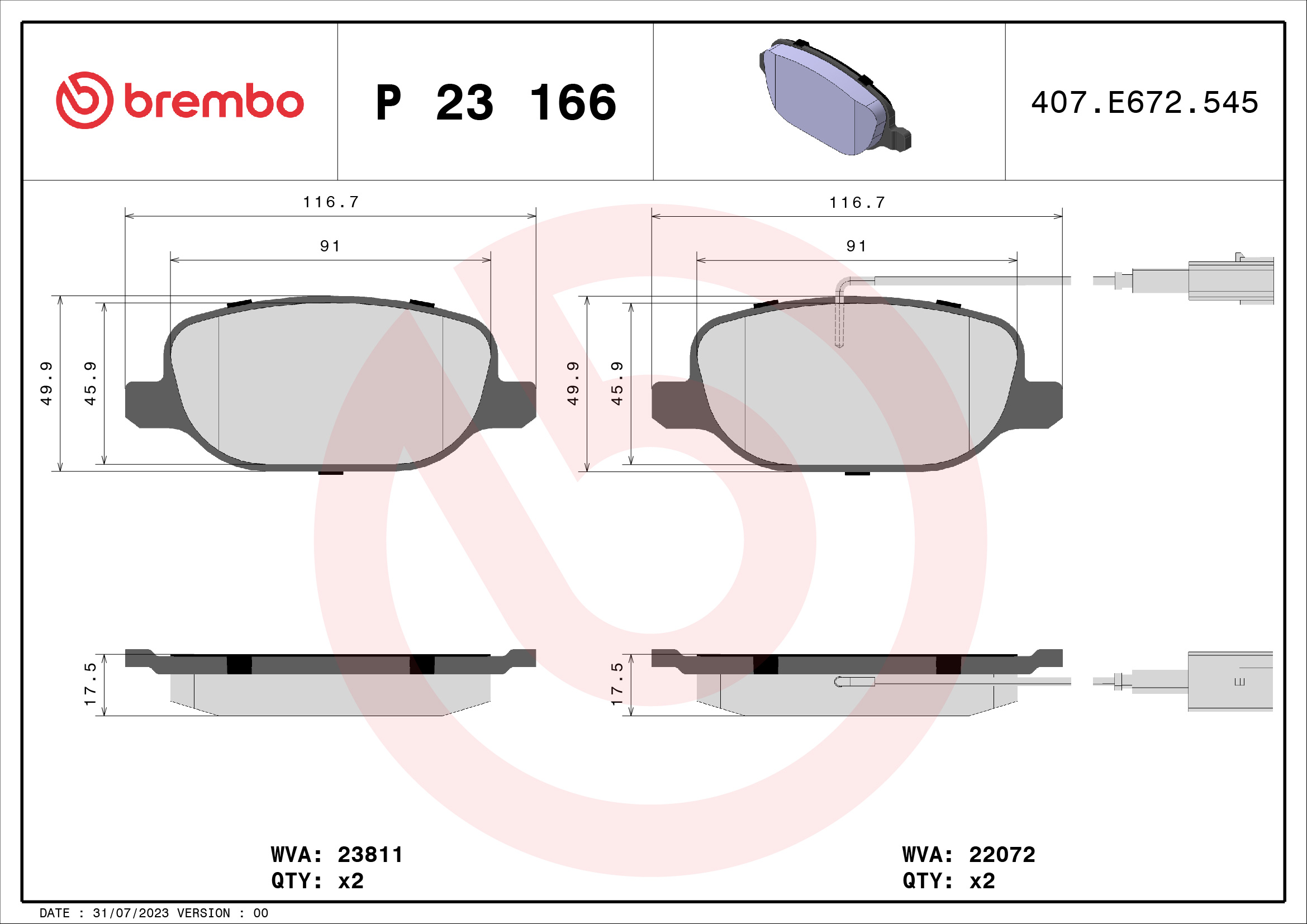 A.B.S. P 23 166 BREMBO Bremsbelagsatz, Scheibenbremse